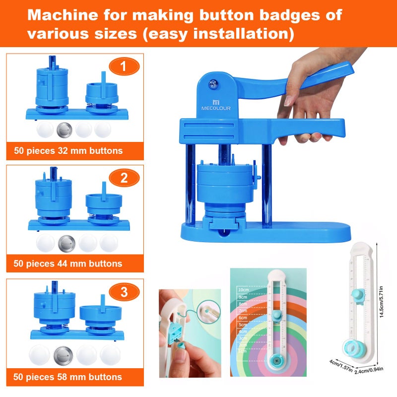 MECOLOUR Button Maker Machine Multiple Sizes 1.26+1.73+2.28 inch Pin Maker Machine,150pcs Button Badge Making Supplies,Button Press Machine for DIY Personalized Pinback Buttons Children DIY Gift(Blue) - Image 2