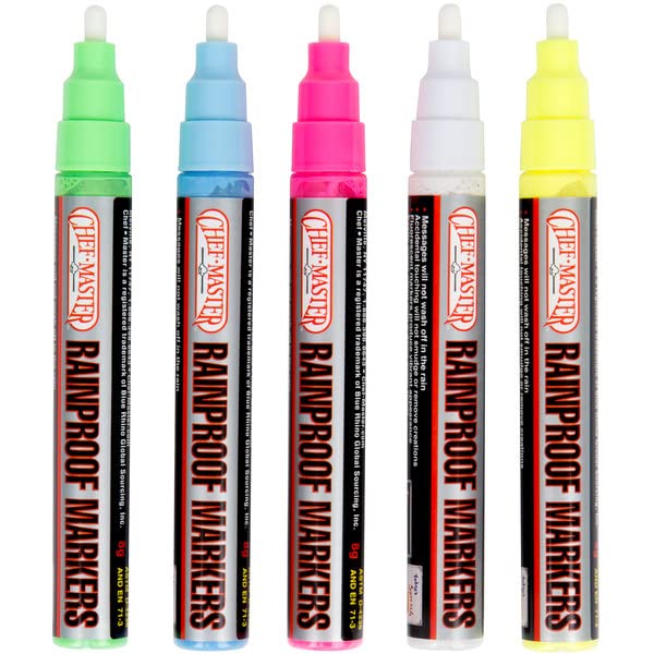 Chef-Master 90032 Waterproof Markers | 5 Different Vibrant Colors | Safe for Use on Outdoor Menu Signs | Smudge-proof & Rainproof Marker Pens | Easily Cleans with a Damp Cloth - Image 4