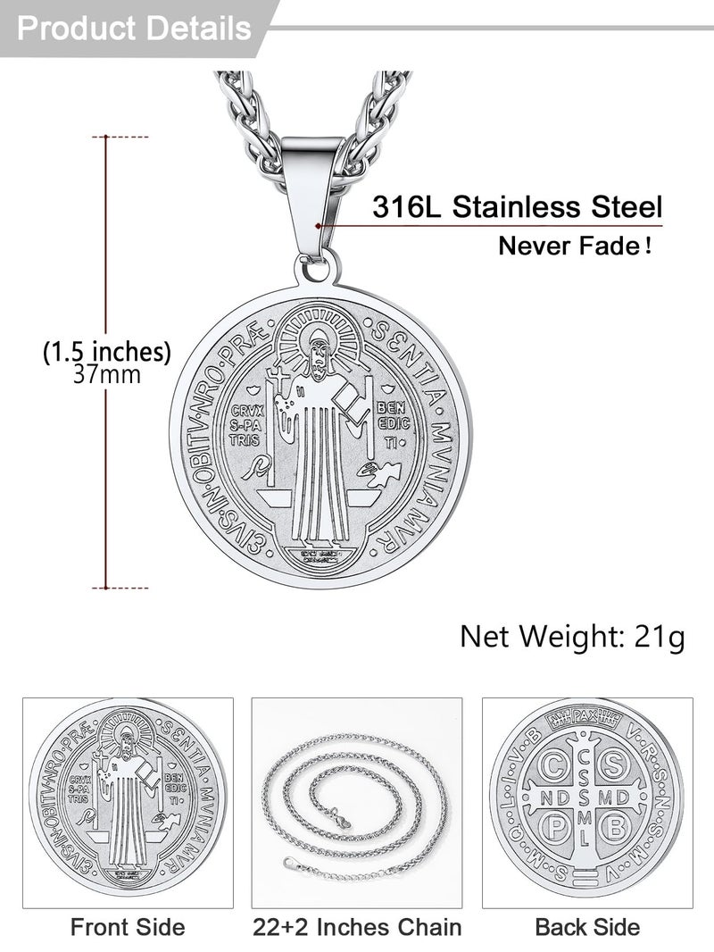 U7 Jewelry Stainless Steel Catholic Jewelry Round Coin Medal Pendant Saint Benedict Necklace for Men Women - Image 4