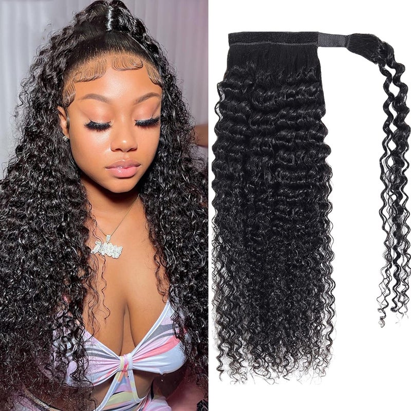 Seelaak Kinky Curly Human Hair Ponytail Extensions with Wrap Around 10A Brazilian Ponytail Human Hair Natural Black Brazilian Hair Pony Tail Extensionfor Black Women 18 Inch - Image 2