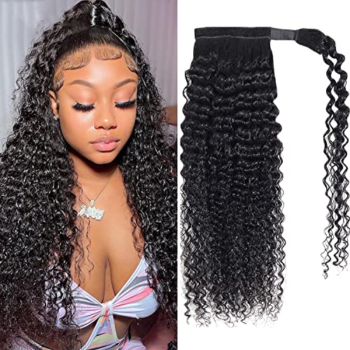 Seelaak Kinky Curly Human Hair Ponytail Extensions with Wrap Around 10A Brazilian Ponytail Human Hair Natural Black Brazilian Hair Pony Tail Extensionfor Black Women 18 Inch - Image 1