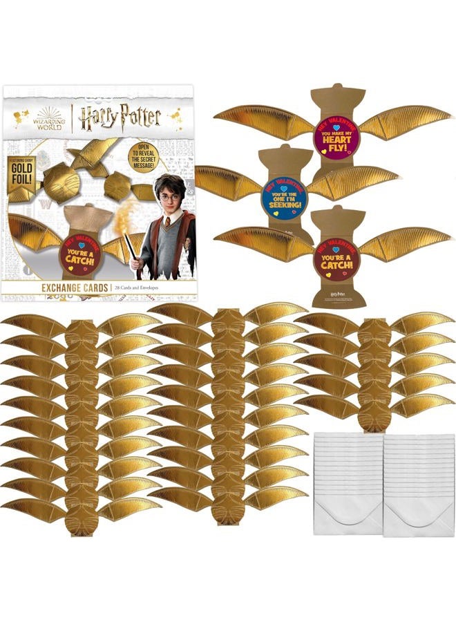 Harry Potter Golden Snitch Valentine's Day Card Set for Kids, 28 Card Pack & Envelopes - Shiny Gold Foil Snitch Cards with Fun Greetings - Great for School Classroom Exchange Parties - Boys & Girls - Image 1