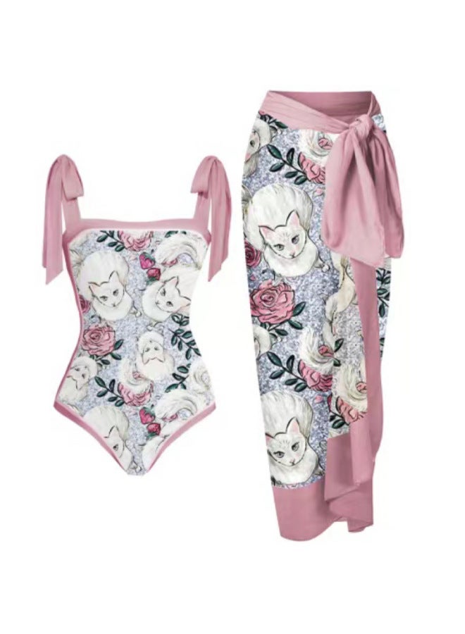 Loquat 2024 One-piece Swimsuit Cat Printed Sheath Gauze Skirt Anti-exposure Two-piece Sun Protection Swimsuit For Women-Color:Pink Cat Bikini + Skirt- - Image 1
