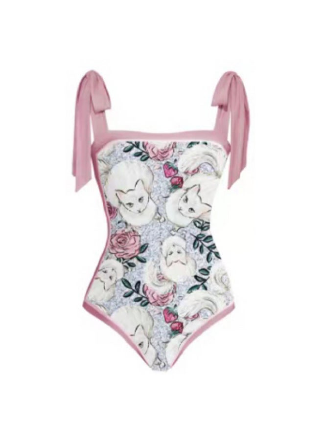 Loquat 2024 One-piece Swimsuit Cat Printed Sheath Gauze Skirt Anti-exposure Two-piece Sun Protection Swimsuit For Women-Color:Pink Cat Bikini + Skirt- - Image 2