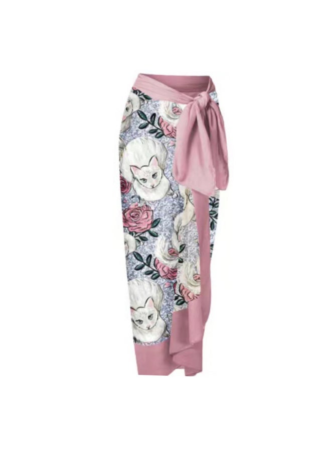 Loquat 2024 One-piece Swimsuit Cat Printed Sheath Gauze Skirt Anti-exposure Two-piece Sun Protection Swimsuit For Women-Color:Pink Cat Bikini + Skirt- - Image 3