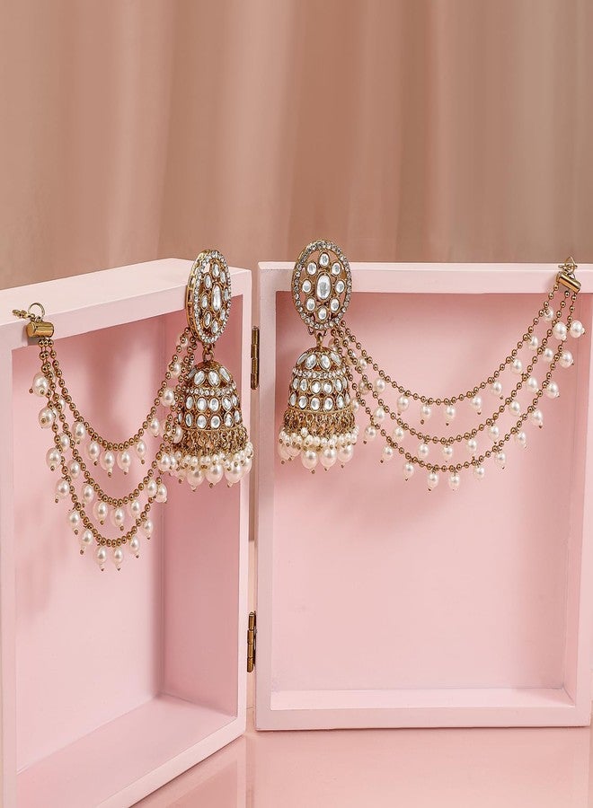 Rubans 18K Gold-Plated Kundan & Zirconia Kan Chain Jhumka Earrings with White Pearl Beads - Image 4