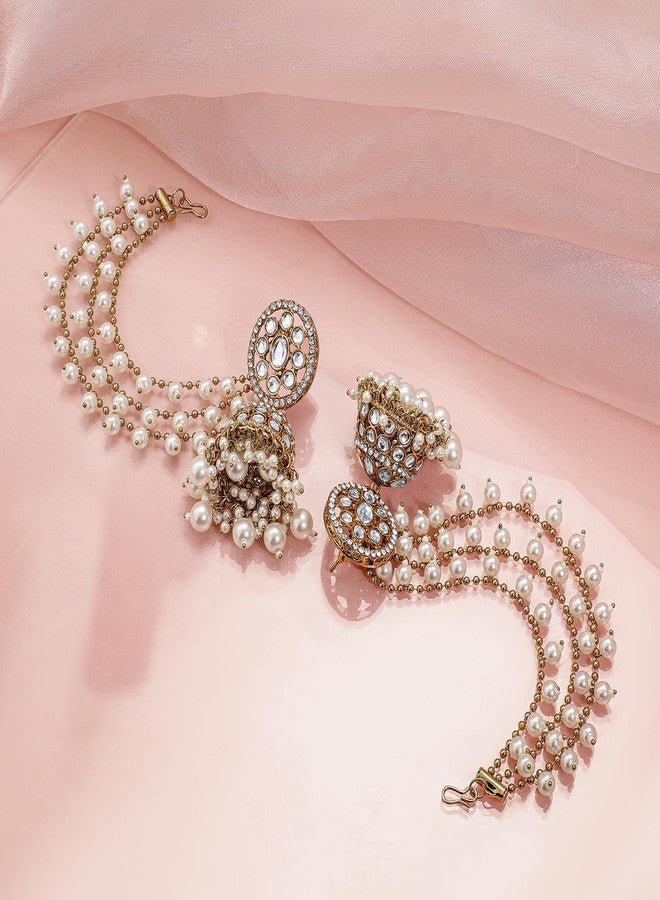Rubans 18K Gold-Plated Kundan & Zirconia Kan Chain Jhumka Earrings with White Pearl Beads - Image 5