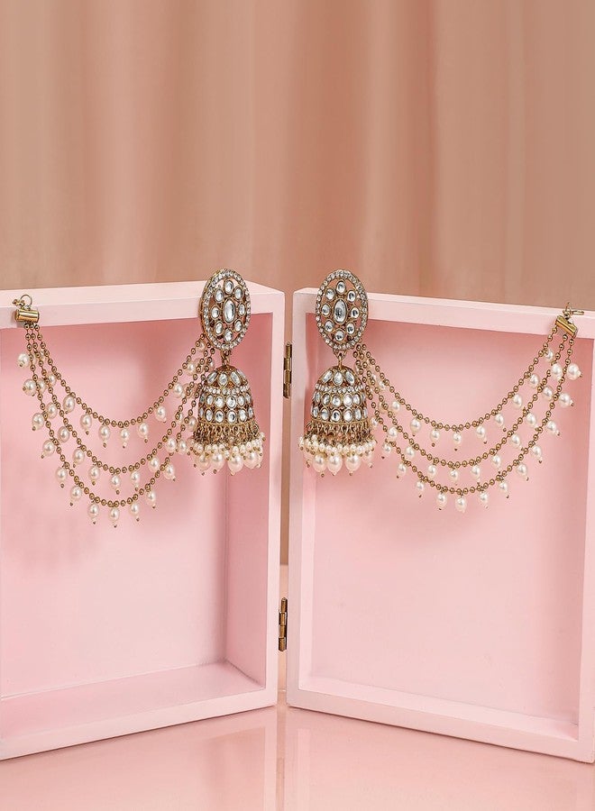 Rubans 18K Gold-Plated Kundan & Zirconia Kan Chain Jhumka Earrings with White Pearl Beads - Image 3