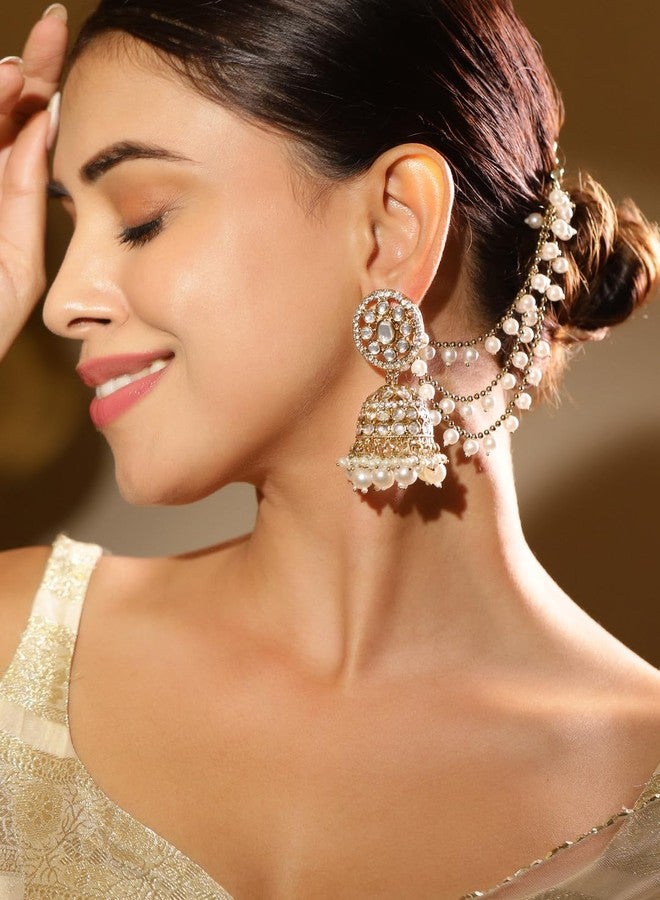 Rubans 18K Gold-Plated Kundan & Zirconia Kan Chain Jhumka Earrings with White Pearl Beads - Image 2