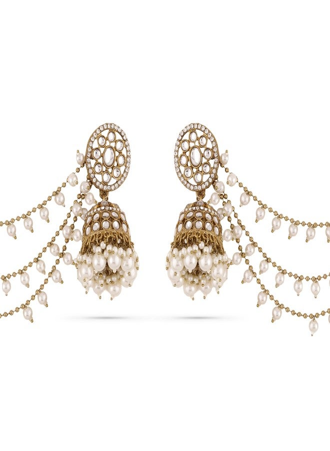 Rubans 18K Gold-Plated Kundan & Zirconia Kan Chain Jhumka Earrings with White Pearl Beads - Image 1