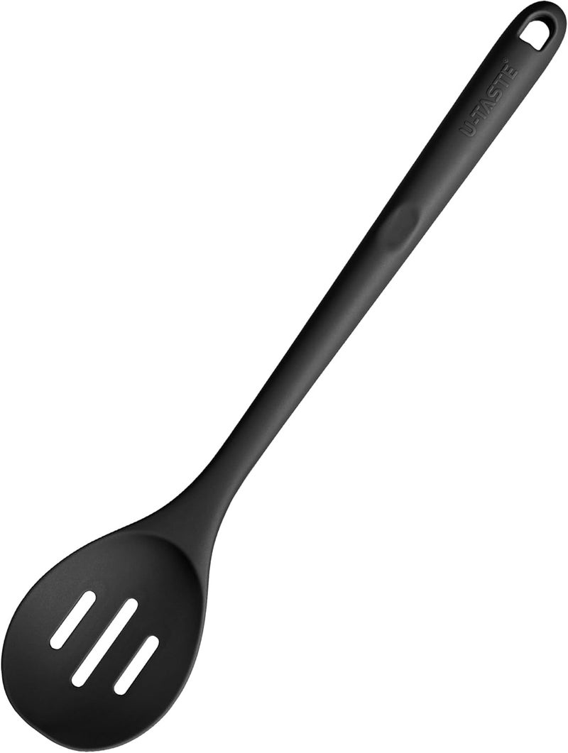 U-Taste Food Grade Slotted Cooking Spoon - 315°C Heat Resistant Long Silicone Mixing Scraping 34cm Spoon, Dishwasher Safe Rubber Utensil for Non-Stick Pan Cookware (Black), OP-EUSP04-M-BK-AE02 - Image 1
