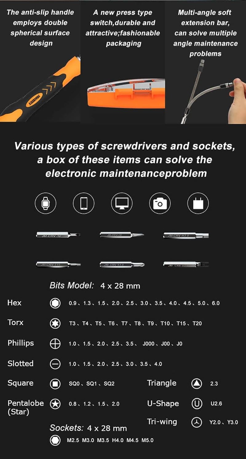 JAKEMY 58 IN 1 Professional hardware tool screwdriver set kit Tool Set with 1 Nonslip Ergonomic Handle 1 Extension Bar 1 Flexible Extension Bar 1 Connector and 54 CRV Material Bits JM8125 - Image 4