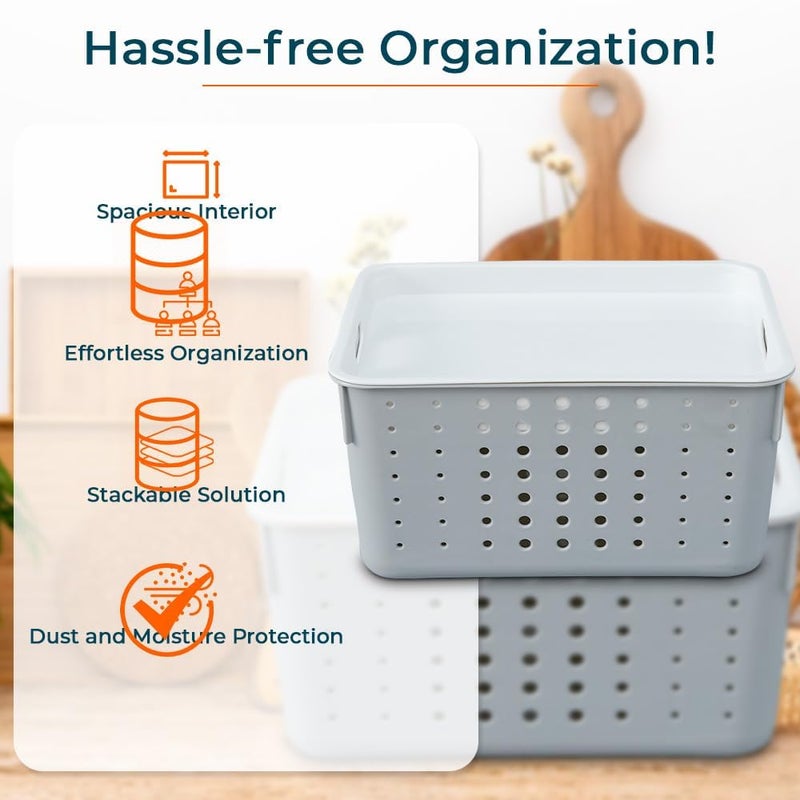 Kuber Industries Multipurpose Small Storage Basket with Lid|Dotted Design Storage Organizer|Basket For Cosmetic, Fruits, Assesories|Grey| - Image 2