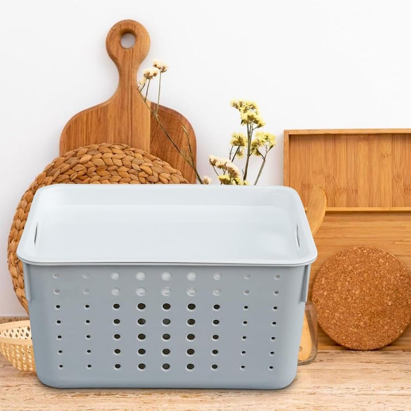Kuber Industries Multipurpose Small Storage Basket with Lid|Dotted Design Storage Organizer|Basket For Cosmetic, Fruits, Assesories|Grey| - Image 1