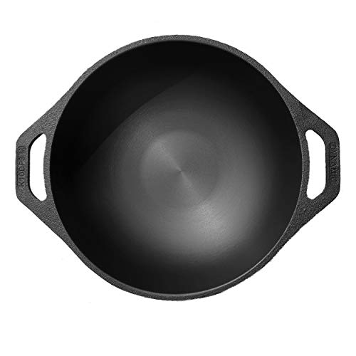 DYNAMIC COOKWARES Even Matte Finish Naturally Non Stick Kadai - 10 Inch Cast Iron Kadaai for Induction Stove – Premium Pre Seasoned Iron Wok – Ultra Thick Base for Even Cooking Wok with Dual Handle - Image 1