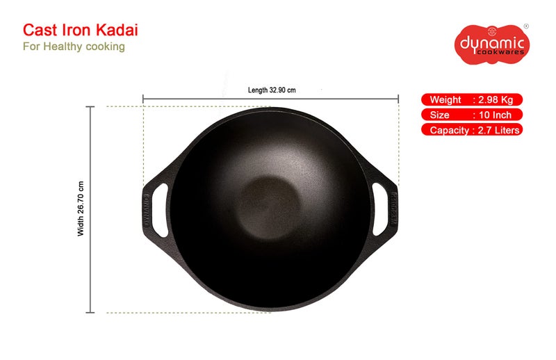 DYNAMIC COOKWARES Even Matte Finish Naturally Non Stick Kadai - 10 Inch Cast Iron Kadaai for Induction Stove – Premium Pre Seasoned Iron Wok – Ultra Thick Base for Even Cooking Wok with Dual Handle - Image 3