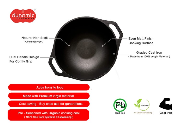 DYNAMIC COOKWARES Even Matte Finish Naturally Non Stick Kadai - 10 Inch Cast Iron Kadaai for Induction Stove – Premium Pre Seasoned Iron Wok – Ultra Thick Base for Even Cooking Wok with Dual Handle - Image 2