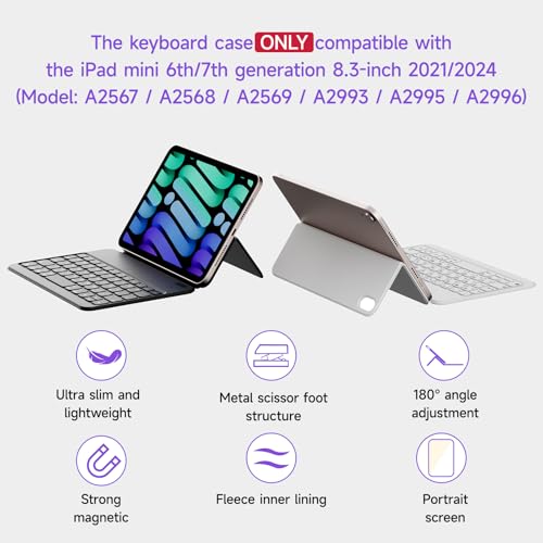 HOU Keyboard Case for iPad mini 7th (A17 Pro, 2024) & 6th (2021) 8.3-inch, Ultra Slim Folio Type of Keyboard, Power Display, Magnetic Protective Cover Support iPad mini 6/7 - Image 2