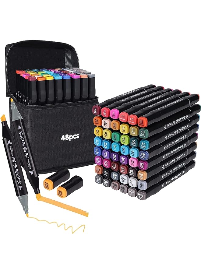erorex Dual Tip Art Markers 48 Colors With Carrying Case For Painting Sketching Calligraphy Drawing Twin Head Permanent Coloring Marker Pens For Kids Adult Beginners Art Lovers - Image 1