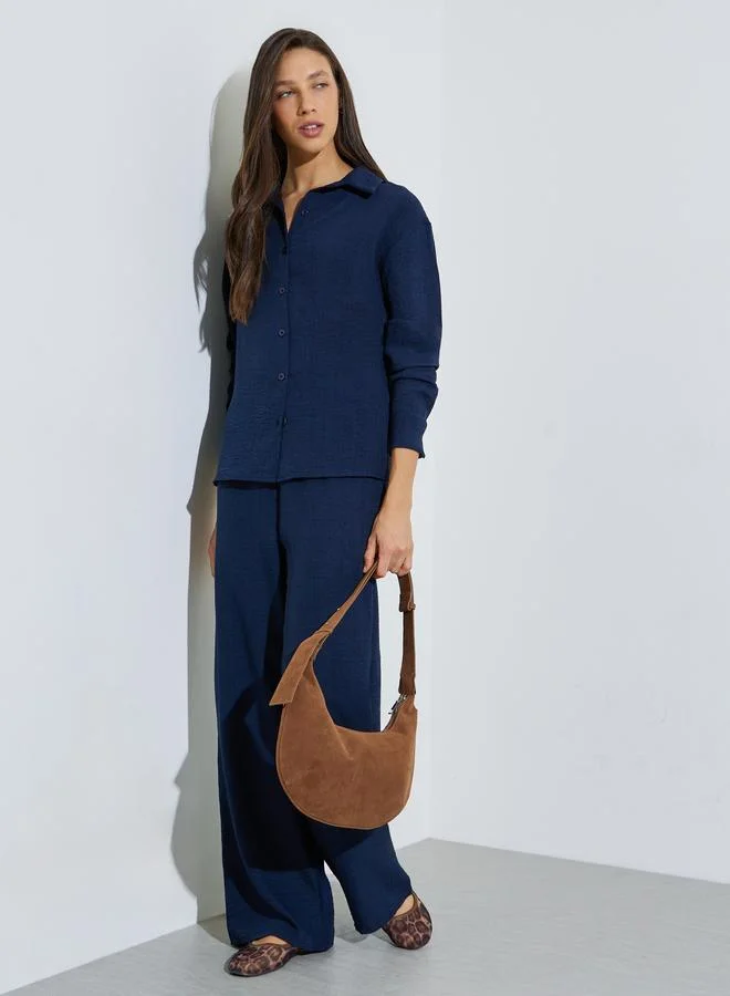 Styli Dark Blue Solid Shirt and Wide Leg Trousers Co-ord Set