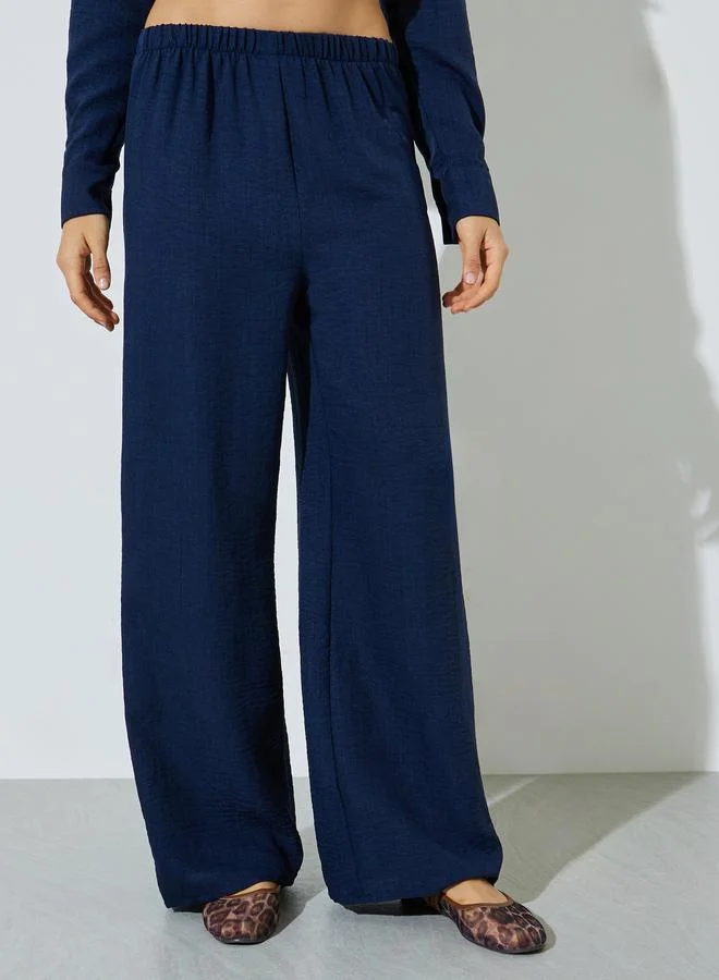 Styli Dark Blue Dark Blue Solid Shirt and Wide Leg Trousers Co-ord Set for Women | Best Price UAE