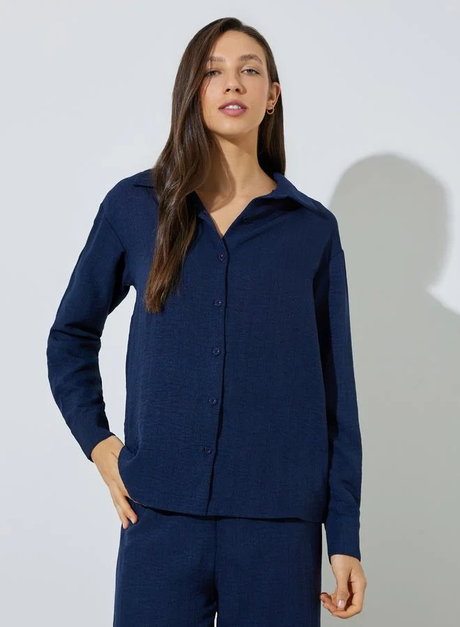 Styli Dark Blue Dark Blue Solid Shirt and Wide Leg Trousers Co-ord Set for Women | Best Price UAE