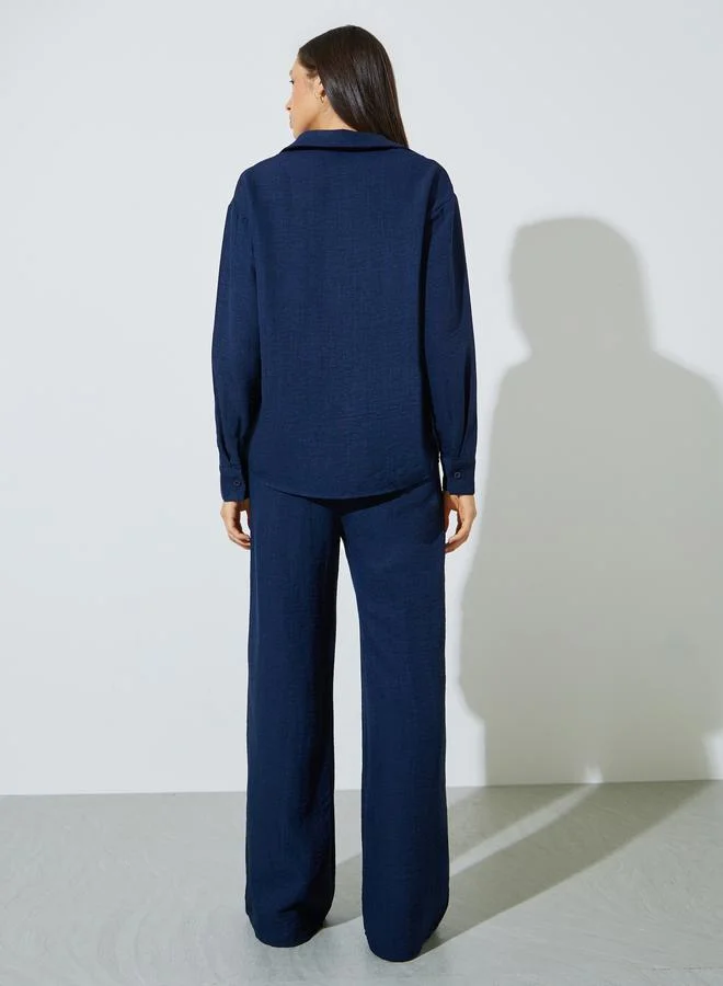 Styli Dark Blue Dark Blue Solid Shirt and Wide Leg Trousers Co-ord Set for Women | Best Price UAE