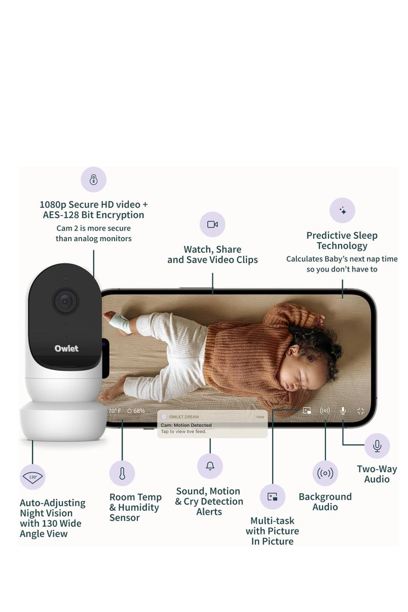 أوليت كاميرا مراقبة الأطفال الذكية Owlet Cam 2 - بث فيديو وصوت عالي الدقة آمن مع رؤية ليلية وتكبير 4X وزاوية رؤية واسعة وصوت وإشعارات الحركة والبكاء - أبيض - Image 3