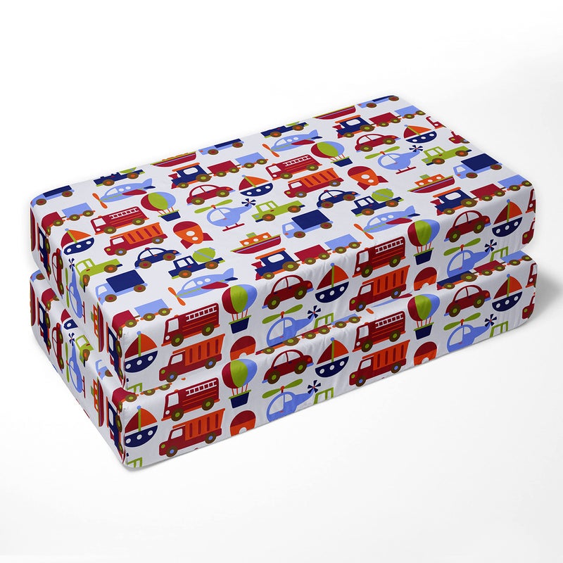 Bacati - 2 Pack Crib Fitted Sheets - Transportation Print Breathable 100% Cotton Percale Baby Sheets - Fits Standard 28 x 52 X 5 inches Crib & Toddler Mattresses - Image 2