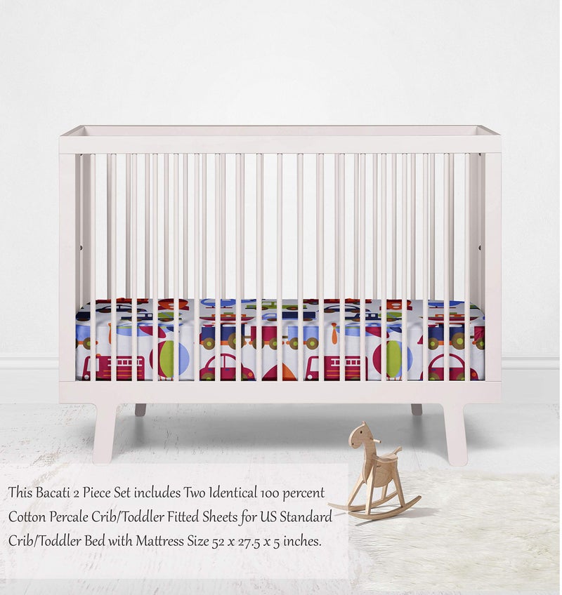 Bacati - 2 Pack Crib Fitted Sheets - Transportation Print Breathable 100% Cotton Percale Baby Sheets - Fits Standard 28 x 52 X 5 inches Crib & Toddler Mattresses - Image 4