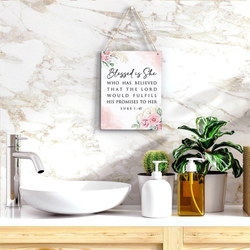 BELLOWDEER ملهمة الكتاب المقدس الآية الجدار الديكور الوردي لوقا 1:45 الهدايا المسيحية للنساء للكتاب المقدس علامة معلقة خشبية لمكتب منزلي الحديث غرفة الحمام غرفة نوم الزخرفة 8 × 10 بوصات - Image 4