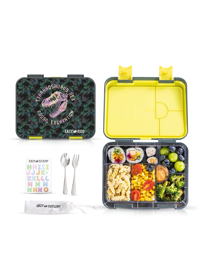 إيزي كيدز Eazy Kids - Personalized 6 & 4 Convertible Bento Lunch Box w / Steel Spoon & Fork Set and Alphabets Sticker - T-Rex dino Grey