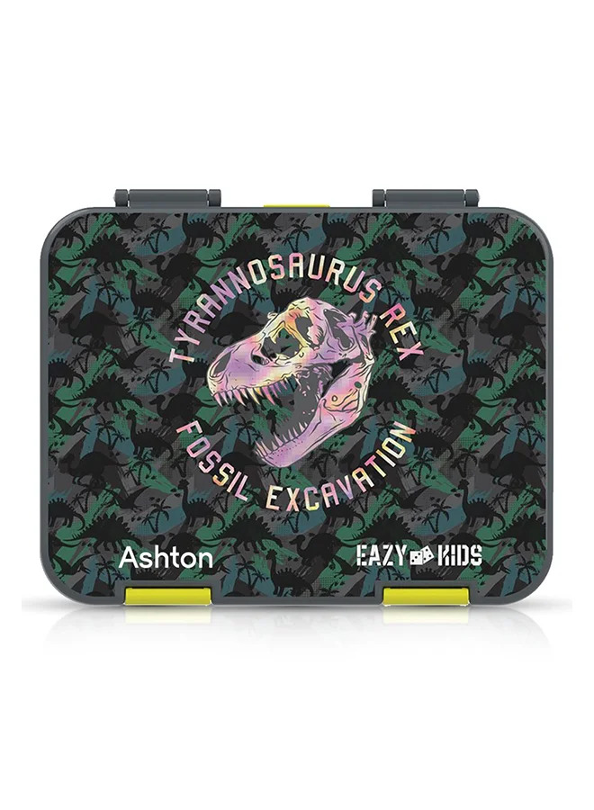 إيزي كيدز Eazy Kids - Personalized 6 & 4 Convertible Bento Lunch Box w / Steel Spoon & Fork Set and Alphabets Sticker - T-Rex dino Grey