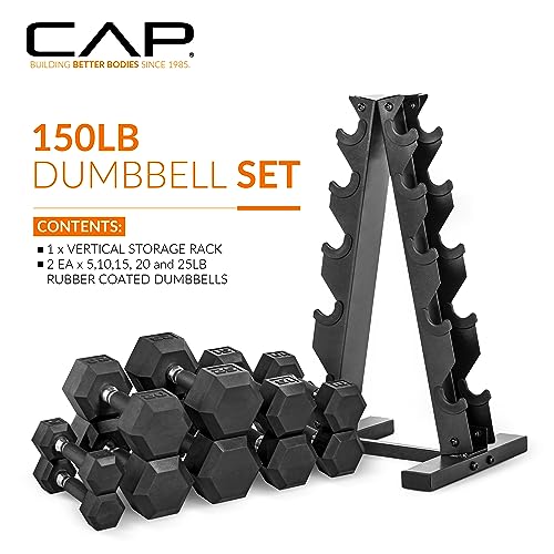 CAP Barbell 150 LB Comfort Grip Rubber Encased Hex Dumbbell Hand Weight Set with Vertical Storage Rack | Black Rack - Image 2