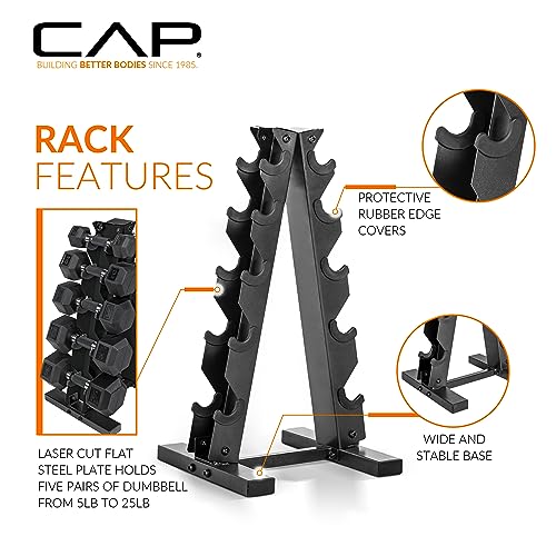 CAP Barbell 150 LB Comfort Grip Rubber Encased Hex Dumbbell Hand Weight Set with Vertical Storage Rack | Black Rack - Image 4
