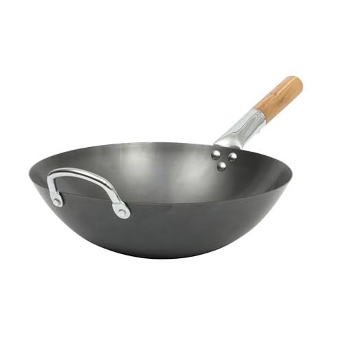 SUR LA TABLE Kitchen Essentials Quick Fire 13.5" Carbon Steel Flat Bottom Wok  Durable Nonstick Stir Fry Pan