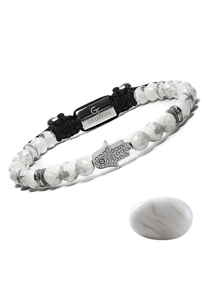 Lunnora Howlite Beads Handmade Natural Stone Bead Bracelet – Bracelet for Men, Men’s Bracelet, Gifts for Men, Bracelets for Men – With Silver Hamsa Hand, Adjustable One Size Fits All