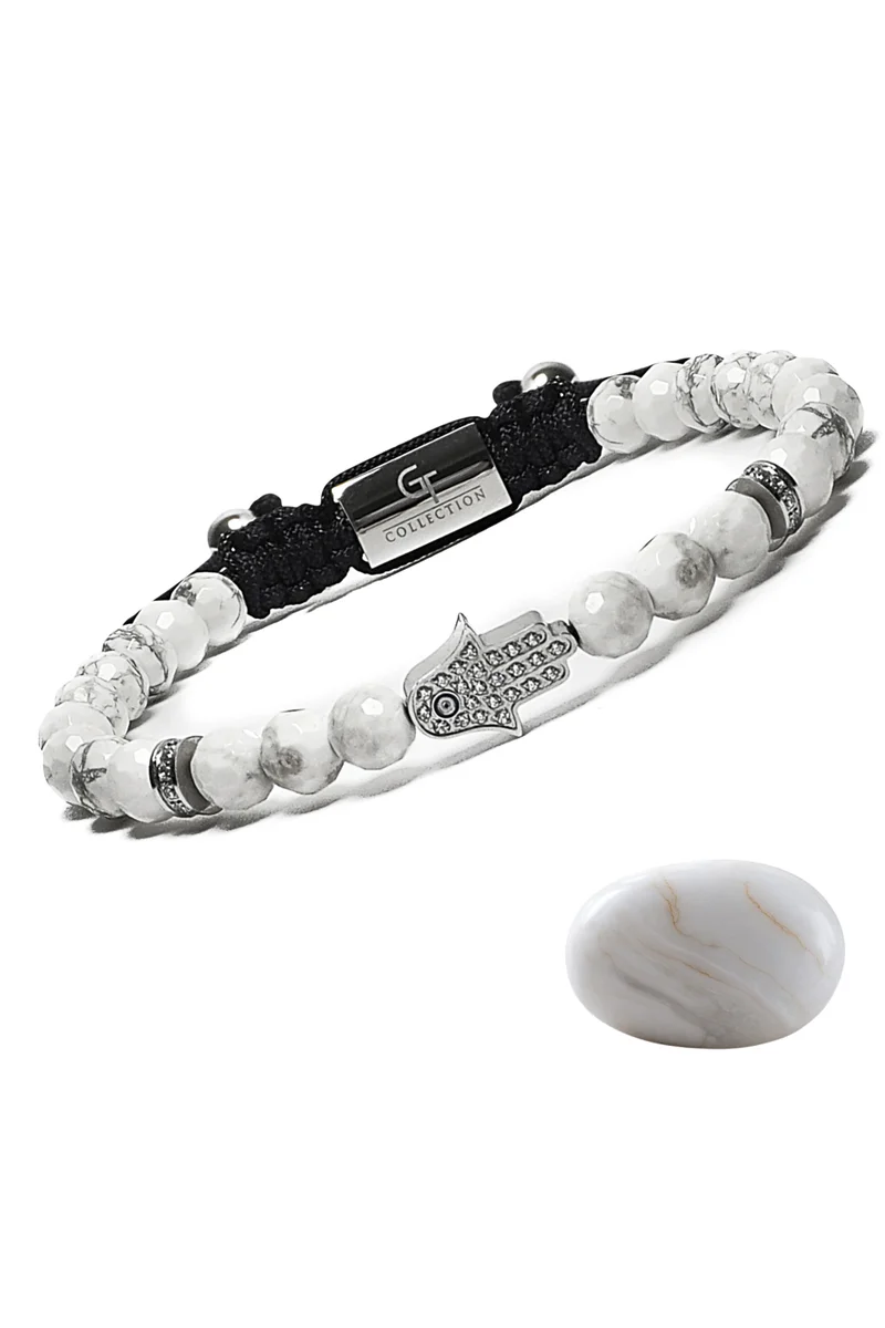 Howlite Beads Handmade Natural Stone Bead Bracelet – Bracelet for Men, Men’s Bracelet, Gifts for Men, Bracelets for Men – With Silver Hamsa Hand, Adjustable One Size Fits All