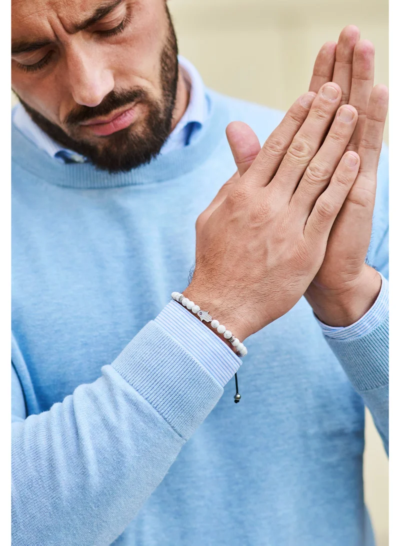 لونورا خرز الهوليت سوار خرز من الحجر الطبيعي مصنوع يدويًا – سوار للرجال، سوار رجالي، هدية للرجال، أساور للرجال – مع يد همسة فضية، قابل للتعديل بمقاس واحد للجميع