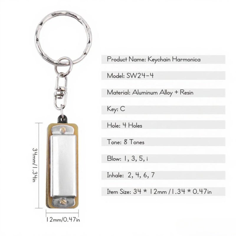 Mini Harmonica Key of C 4 Holes 8 Tones Silver Aluminum Alloy - Eco Resin Comb Durable Key Chain Design for Beginners - Image 2