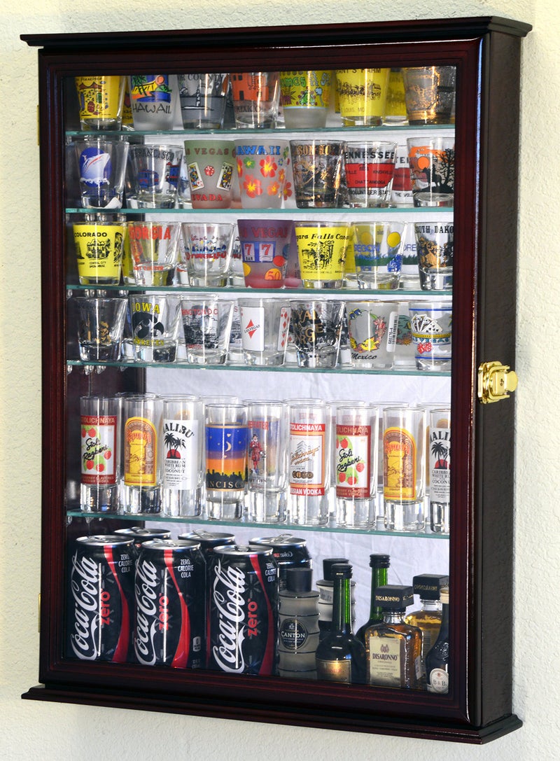 sfDisplay.com,LLC. Large Mirror Backed and 7 Glass Shelves Shot Glasses Display Case Holder Cabinet  Cherry 