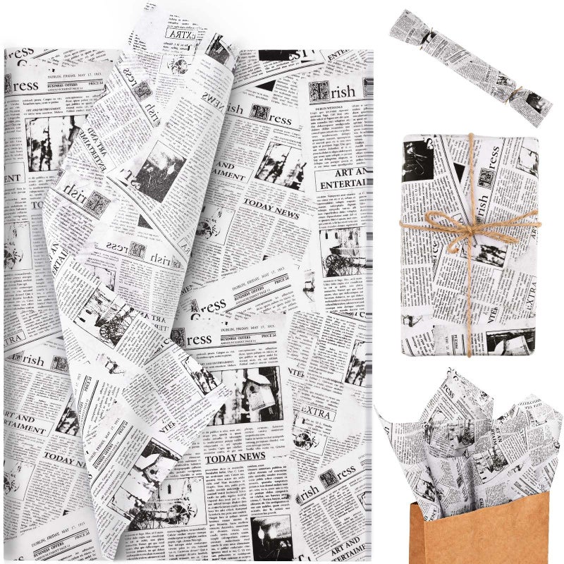 Bolsome 100 Sheets 20 * 14 Inches Vintage Newspaper Tissue Paper for Gift Wrapping Black White Newsprint Tissue Paper for Gift Bags for Birthday Wedding Anniversary DIY Craft (White) - Image 1