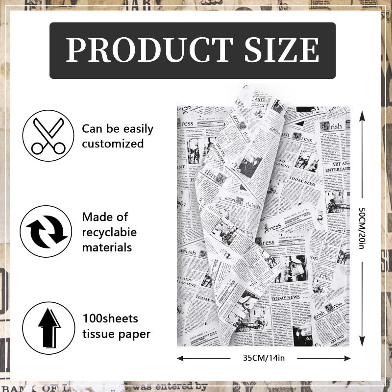 Bolsome 100 Sheets 20 * 14 Inches Vintage Newspaper Tissue Paper for Gift Wrapping Black White Newsprint Tissue Paper for Gift Bags for Birthday Wedding Anniversary DIY Craft (White) - Image 2