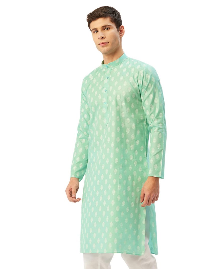 Jompers Men's Cotton Floral Printed Kurta. (Green, M) - Image 3