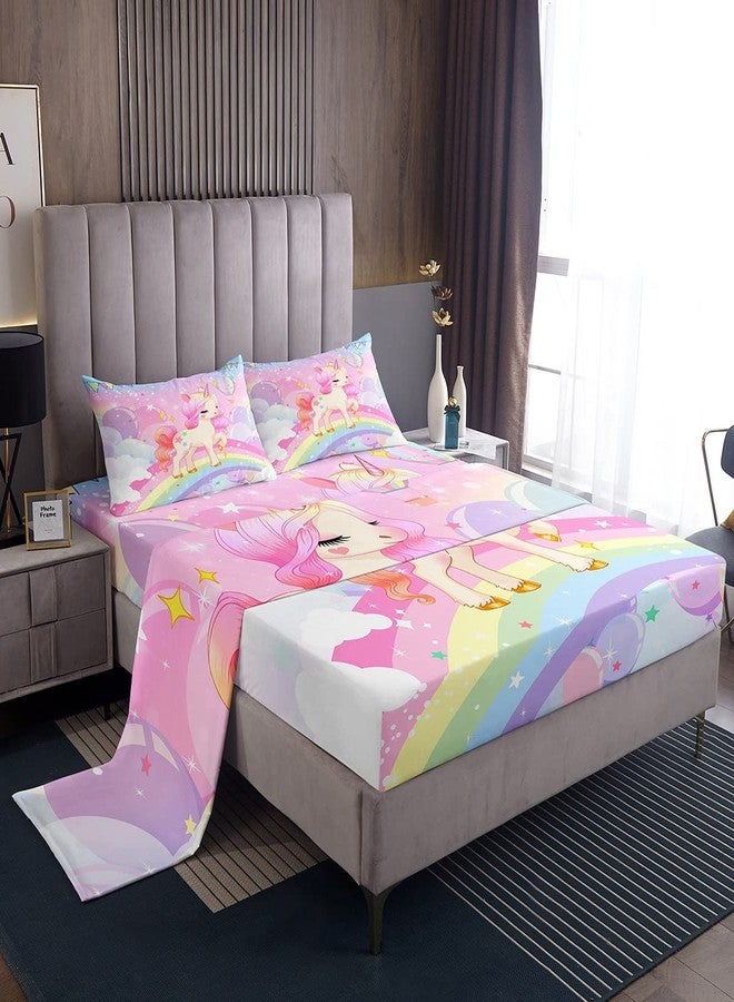 Feelyou Unicorn Girls Bedding Set King Kawaii Cute Rainbow Unicorn Bed Sheets Cartoon Horse Sheet Set Kids Children Galaxy Stars Magical Pink Unicorn Animal Room Decor 1 Sheet +2 Pillowcases - Image 1