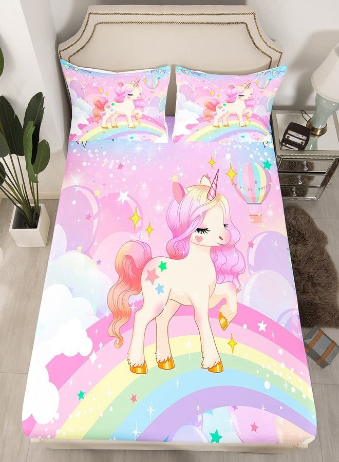 Feelyou Unicorn Girls Bedding Set King Kawaii Cute Rainbow Unicorn Bed Sheets Cartoon Horse Sheet Set Kids Children Galaxy Stars Magical Pink Unicorn Animal Room Decor 1 Sheet +2 Pillowcases - Image 2