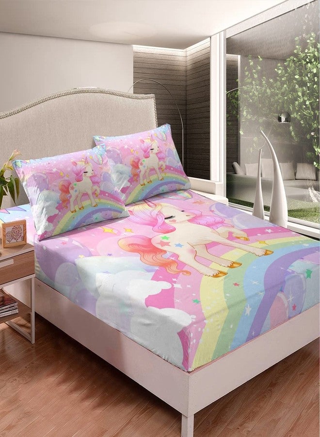 Feelyou Unicorn Girls Bedding Set King Kawaii Cute Rainbow Unicorn Bed Sheets Cartoon Horse Sheet Set Kids Children Galaxy Stars Magical Pink Unicorn Animal Room Decor 1 Sheet +2 Pillowcases - Image 3
