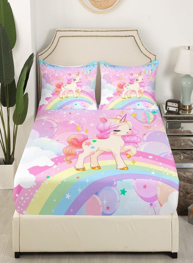 Feelyou Unicorn Girls Bedding Set King Kawaii Cute Rainbow Unicorn Bed Sheets Cartoon Horse Sheet Set Kids Children Galaxy Stars Magical Pink Unicorn Animal Room Decor 1 Sheet +2 Pillowcases - Image 4