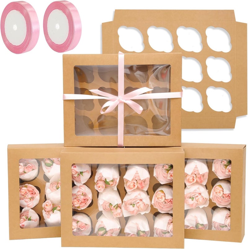 qiqee Auto-pop Up Brown 12 Count Cupcake Boxes with Window 40PCS Cupcake Box 13"x10"x3.5" Cupcakes Carrier, 12 Cupcake Containers with 2 rolls of pink ribbons - Image 1