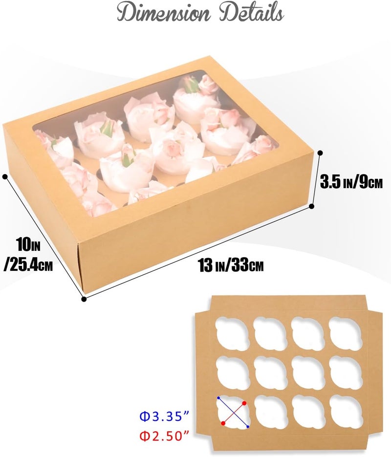 qiqee Auto-pop Up Brown 12 Count Cupcake Boxes with Window 40PCS Cupcake Box 13"x10"x3.5" Cupcakes Carrier, 12 Cupcake Containers with 2 rolls of pink ribbons - Image 5